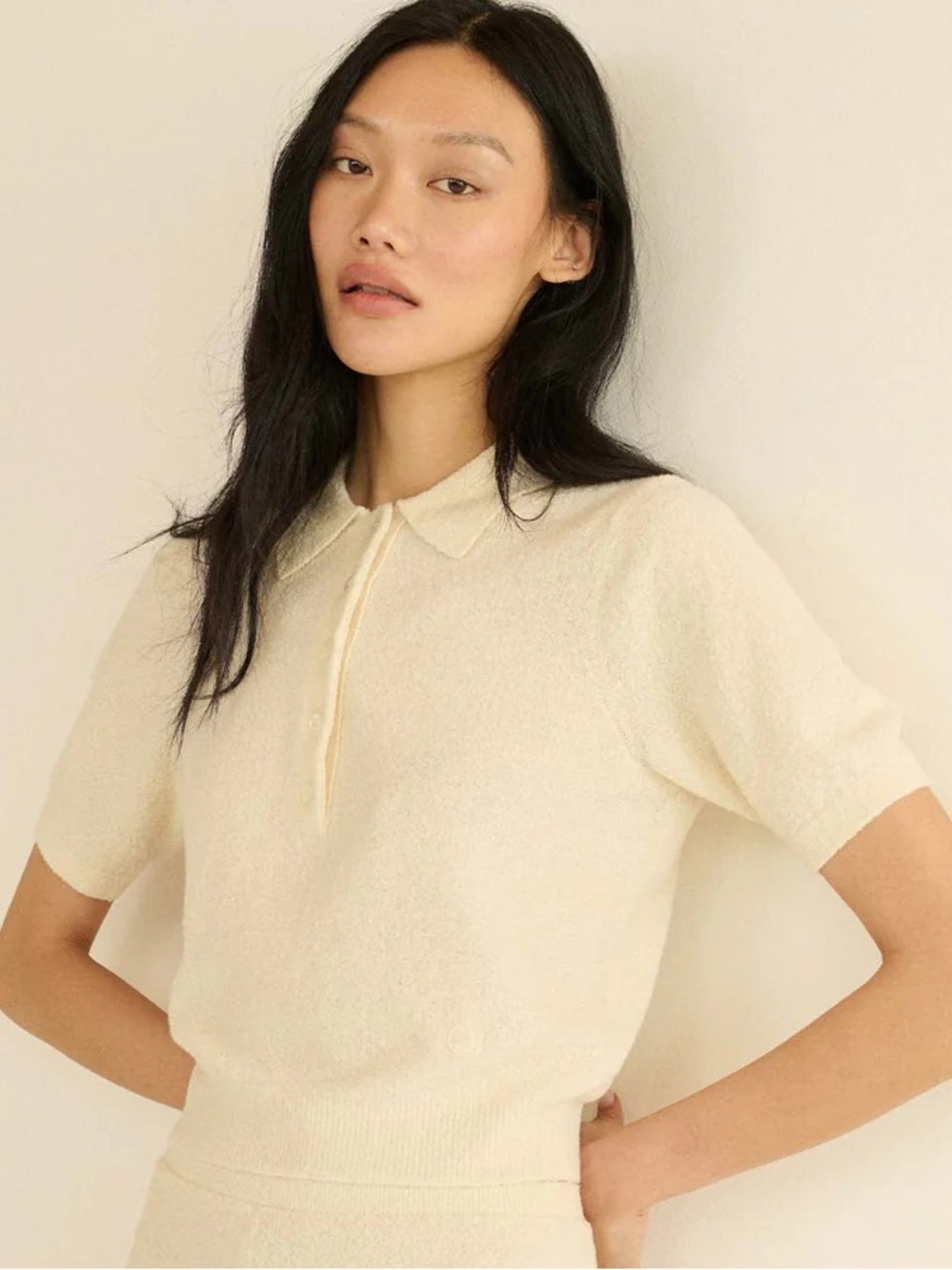 Doen Artie Merino Boucle Collar Polo Button Short Sleeve Knit Top Ivory Cream